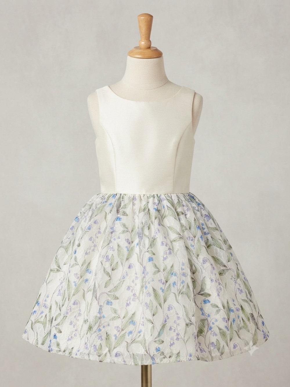 Badgley Mischka Girl’s Ivory Sleeveless Dress with Blue and Green Floral Skirt